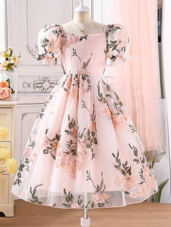 Rochie elegantă casual, cu mâneci scurte, cu mâneci scurte, brodate cu flori