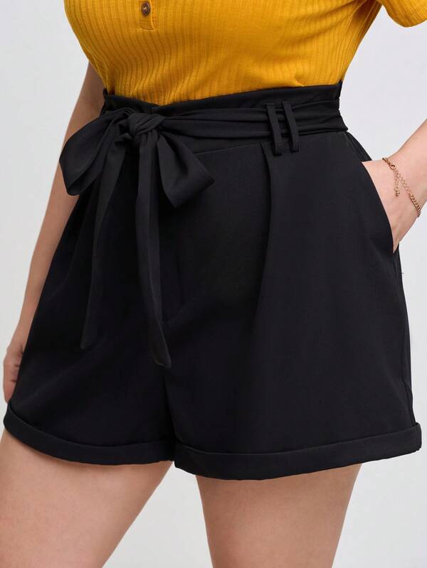SHEIN Clasi Plus Size Women's Solid Color Waist Tie Pocket Casual Shorts