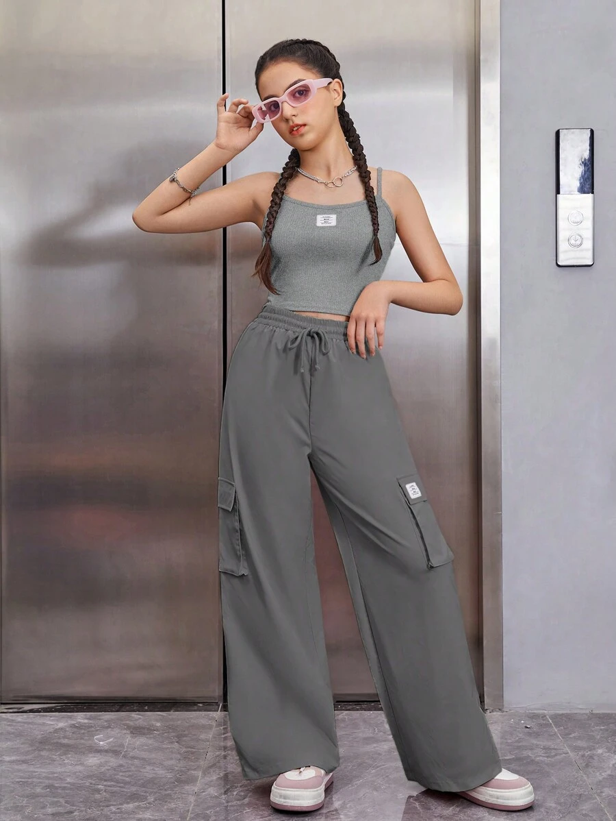 SHEIN Teen Girls' Solid Color Sports Sleeveless Top And Leggings Set - Grey - View 1