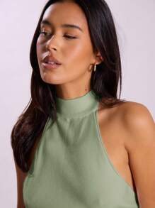 MUSERA Top de Tricô com Decote Halter Sem Costas Canelada, Elegante, Primavera, Sexy, Fofa, Boho, Praia, Férias - Verde Menta - Visão 5