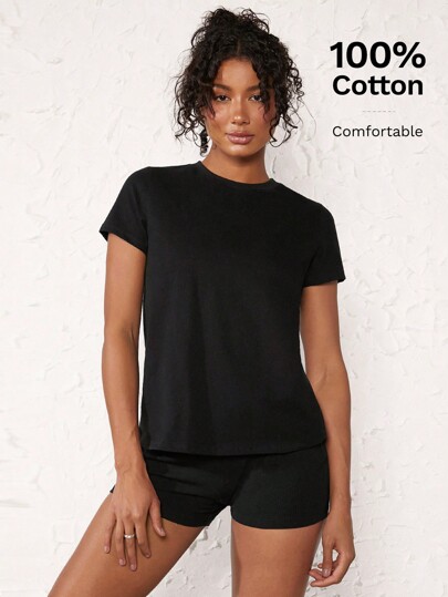 SHEIN BASICS Camiseta casual feminina de cor sólida com decote redondo e manga curta