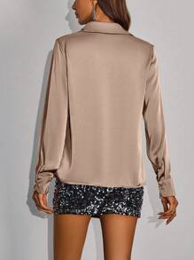 Allurite Women's Satin Long Sleeve Shirt,Ladies Casual,Elegant Button Long Sleeve Collar Regular Fit Regular Khaki Regular Sleeve Shirt Women Blouses,Spring/Fall ,Professional/Business Attire/Workwear