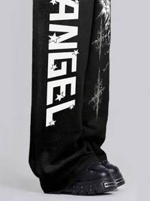 Manfinity Dauomo Men's Casual Letter Printed Wide Leg Sweatpants - Black - View 4