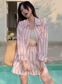 DAZY 2pcs Women Loose Striped Shirt And Shorts Set,Fall Women Clothes Lounge Sets For Women - Pink - View 7