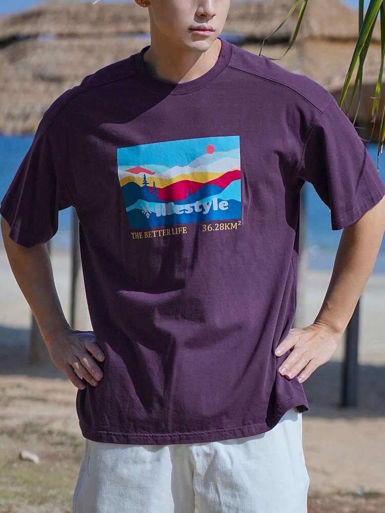 Men's Summer Beach Mountain Letter Graphic Print Purple T-Shirt