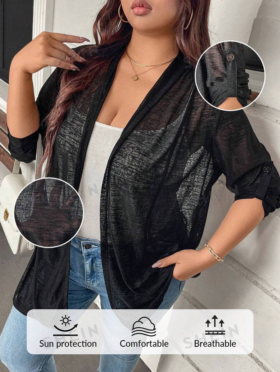 SHEIN LUNE Chaqueta liviana cortaviento ajustable de SHEINLUNE para mujer talla grande, adecuada para primavera y otoño, uso en oficina, vestimenta casual de negocios, habitaciones, primavera, verano, playa, atuendo de crucero, blusas para salir, camisetas de verano bohemias para maestras