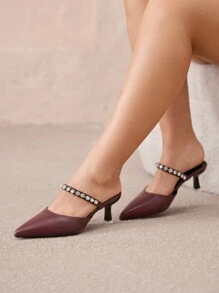 CUCCOO CURVES Plus Size Brede Versie Puntige Neus Bordeaux Stiletto Muiltjes, Elegante Hoge Hakken, Open Hak, Geschikt Voor Alle Seizoenen Valentijnsdag