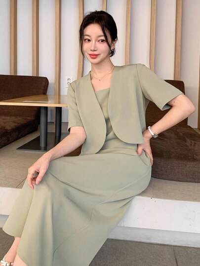 DAZY 女士纯色短袖西装连衣裙，优雅夏季套装商务装