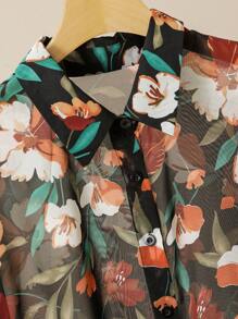 Lacomfia 2 pièces/set grande taille, Ensemble décontracté printemps/été avec chemise ample à manches longues et imprimé tout-sur-tout et pantalon à taille élastique et pattes d'éléphant