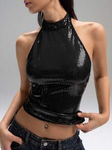 LYSMO Women's Sequin Halter Tank Top- Spring/Summer Vacation-2025New Arrival - Black - View 7