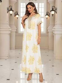 Al Najma Women's Elegant Long Metallic Printed Arabic Style Dress