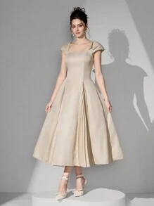 Poshira Women Elegant Solid Color Square Neck Pleated Hem Formal Evening Gown, Vintage Dress,Women Spring And Summer Fashion Party Party Date Holiday Wedding Celebrity Dress Dress, Fashionable Waist And Large Dress, Wedding Guest Dress, Prom Dress