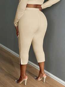SHEIN SXY Leggings recortados divididos de color liso, leggings elásticos de cintura casual para uso diario, ropa de mujer talla grande