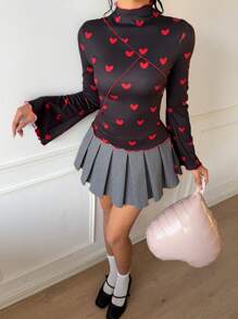 SHEIN Essnce Women's Valentine's Day Red Heart Print Stand Collar Long Sleeve Bell Sleeves Heart Print Slim Fit Casual T-Shirt,For Summer/Spring 2025 New - Black - View 4