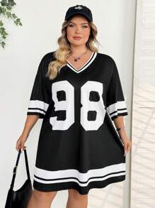 SHEIN CURVE+ Plus Size Summer Letter Print T-Shirt Dress, Sports/Event Outfit