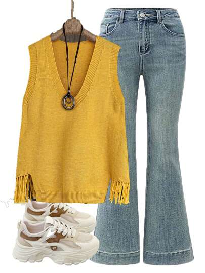 EMERY ROSE 2024 秋冬新款 V 领流苏下摆黄芥末针织女毛衣背心，休闲时尚