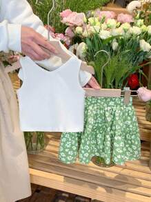 SHEIN LMoss Kids LMoss 女婴针织纯色吊带背心 + 印花雪纺迷你裙 2 件套 - 白色 - 查看 2
