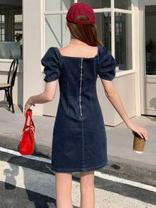 DAZY Dames vierkante hals korte pofmouwen getailleerde casual denim jurk zomerjurk