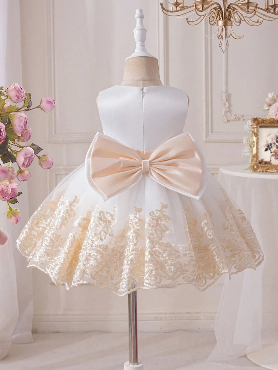 Glamorique Kids 4 Season Baby Girl 1 Year Old Christening Gown, Embroidered Party Ball Gown Dress With 3D Bow Back, Princess Formal Dress - Champagne - View 1