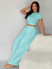 SHEIN SXY 2 Stücke/Set Damen einfarbiges Rundhals Kurzarm T-Shirt und Hose Lässig Outfit