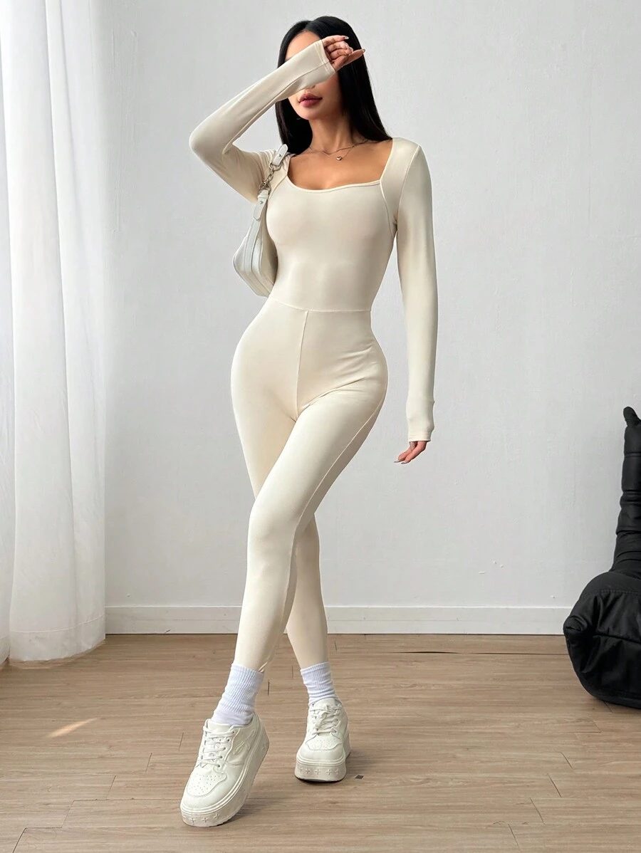 SHEIN EZwear Spring Black Solid Square Neck Unitard Jumpsuit - Apricot - View 1