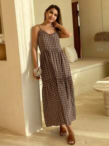 Livesso Retro Pattern Spaghetti Strap Dress With Ruffle Hem Patchwork Summer Sundress,Casual Women Dresses Plaid - Brown - View 6