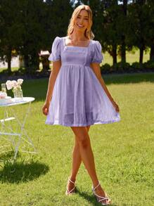 SHEIN VCAY Women's Elegant Summer Fashion Square Neckline Puff Sleeve A-Line Dress With Waist Cinching