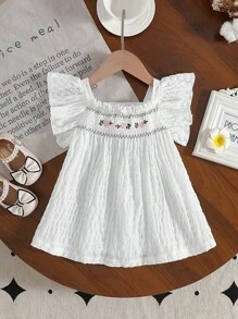 Vintaside Kids 1pc Baby Girls White Embroidered Cap Sleeve Dress. Textured Soft & Comfortable Fabric, Cute Princess Style Suitable For Spring & Summer Outdoor, Travel, Daily Wear