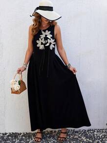 Franclia Plus Size Boho Sleeveless Bustline Waist Fitted Dress, Black Retro Elegant Gangster Wife Style Dress For Commuting And Casual Outings, For Summer
