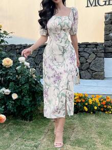 DAZY Women Floral Print Square Collar Puff Sleeve Split Midi Dress