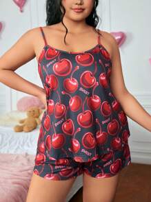 ROMWE Kawaii Plus Size Cherry Print Camisole & Shorts Set, Casual Summer Loungewear - Black - View 3