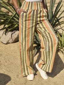 LanaWest Pantalones casuales de vacaciones con cordón para la cintura y rayas de colores del arcoíris, estilo country para festivales de música