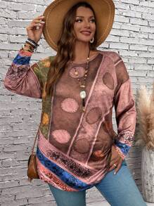 EMERY ROSE 大码女式几何印花圆领长袖 T 恤，休闲度假装 - 粉色 - 查看 5