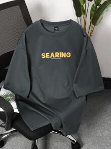 Manfinity RSRT Camiseta de manga corta casual para hombres con estampado de letra tropical de palma, para salir, regalo para el novio
