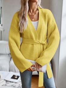 SHEIN Privé Drop Shoulder Belted Cardigan Oversized Sweater  Fall Cloth For Women - Yellow - View 4