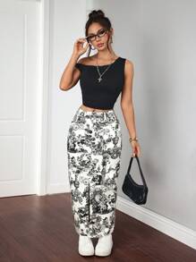 SHEIN Essnce Women's Plant Printed Long Casual Denim Skirt - Multicolor - View 3