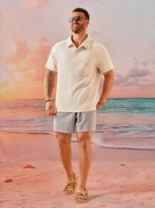 EASEVO Camisa polo de punto de manga corta y corte holgado en color beige para hombres de talla grande