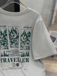 SHEIN Camiseta de manga corta y cuello redondo con estampado de paisaje de montaña y bosque inglés para adolescentes varones de uso casual