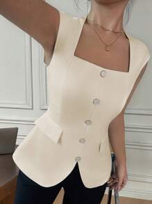 Gloray 优雅时尚方领无袖露背短款上衣，修身设计 - 杏色 - 查看 3