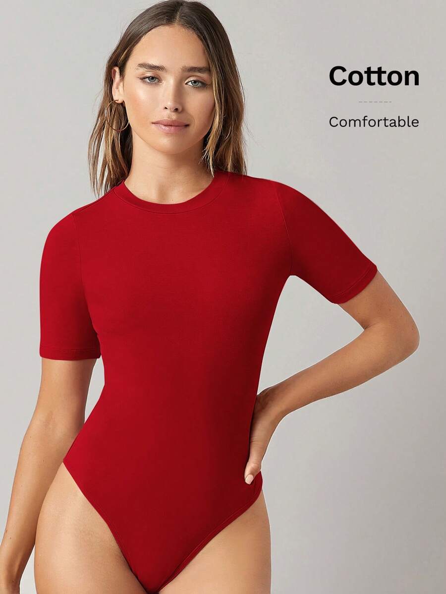 SHEIN BASICS 女士纯色圆领短袖修身紧身衣,休闲日常穿着 - 紅色 - 查看 1
