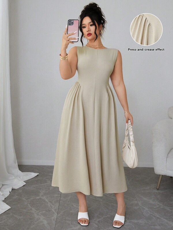 Elenzga Plus Size Solid Color Round Neck Elegant Back Zipper Sleeveless A-Line Dress Women Outfit