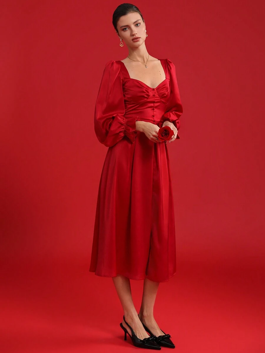 Revavyn Robe longue pour femme au col carré romantique à la française, sans manches avec manchettes, taille marquée et ourlet évasé - Rouge - Voir 1