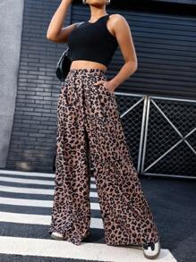 SHEIN LUNE Women's Leopard Print Ruched Waist Wide Leg Pants Fall Cloth For Women - Brown - View 3