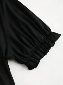 Celure 大码时尚法式纯色泡泡袖及膝镂空设计连衣裙，夏季