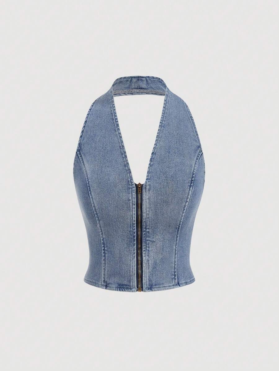 SHEIN MOD Women's Zip-Up Collared Casual Halter Denim Top