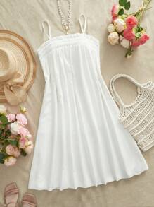 SHEIN VCAY Plain Woven Spaghetti-Strap Mini Dress For Women, For Vacation/Spring/Summer Country Vacation Vacation Casual Outfit Spring Outfits For Women Easter Dress Women