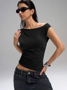 LYSMO Women's Casual Versatile Asymmetrical Shoulder Basic Black Tank Top