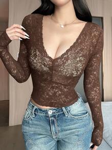 DAZY Blusa de encaje marrón con tonos de café, primavera/verano