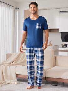 Men's Plaid Print Short Sleeve Top And Pants Pajama Set - Blue - View 6