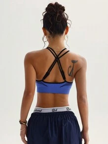 SHEIN Sovereign Charm Women's Criss Cross Backless Yoga Sports Bra Women Workout Outfits - Blue - View 4